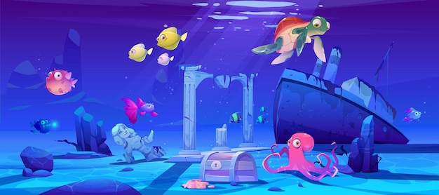 Free Vector underwater background with ocean fish, sunken ship and ruins.