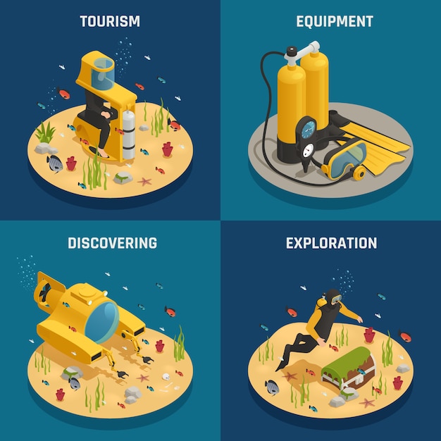 Free Vector underwater equipment 4 isometric icons 