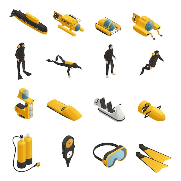 Free vector underwater equipment isometric icons set