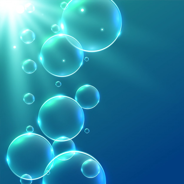 Underwater floating bubbles background with sun rays