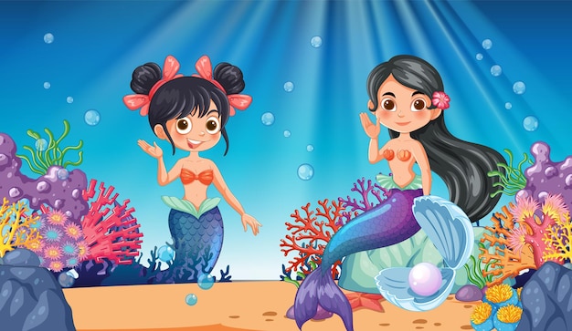 Free Vector underwater mermaid friends waving