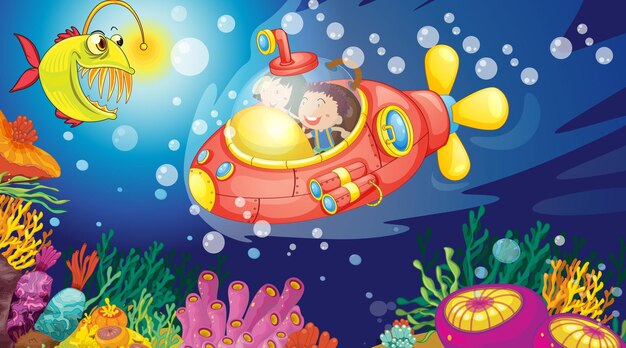 Underwater scene with happy kids in submarine exploring undersea