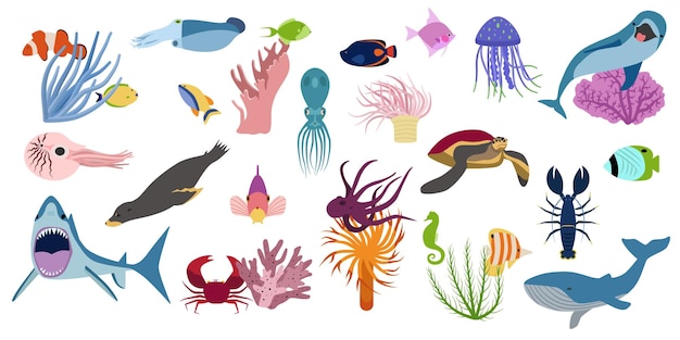 Free Vector underwater set with isolated flat cartoon style images of deep-sea fishes shellfish turtles and jellyfishes vector illustration