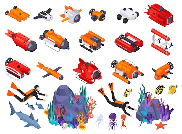 Free Vector underwater vehicles machines equipment isometric isolated icon set with divers fish different tools and underwater ships vector illustration