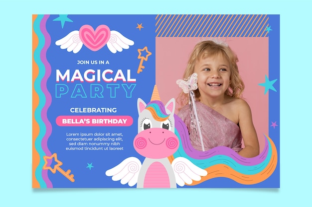 Free vector unicorn birthday invitation with photo