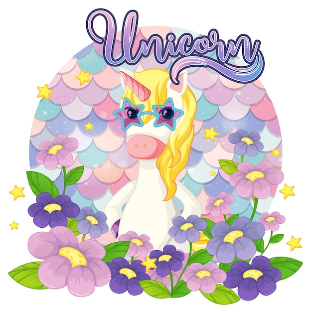 Unicorn cartoon character on pastel scales background isolated