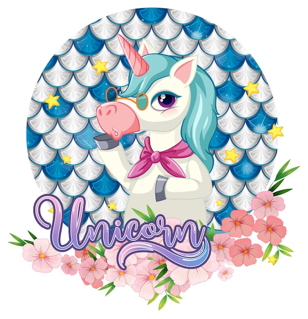 Unicorn cartoon character on pastel scales background isolated