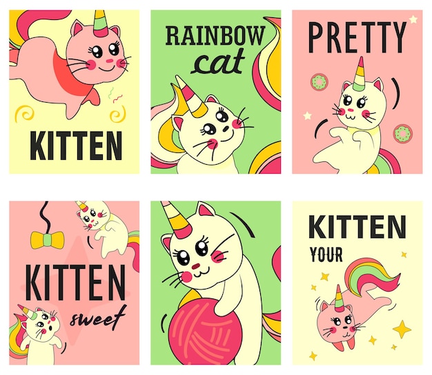 Unicorn cat flyers set. Funny cartoon summer baby kitten with rainbow horn and tail  illustrations