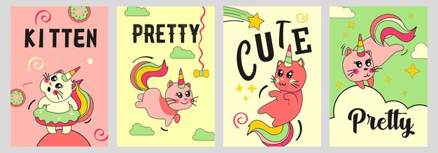 Unicorn cat posters set. Funny cartoon baby kitten with rainbow horn and tail on clouds  illustrations