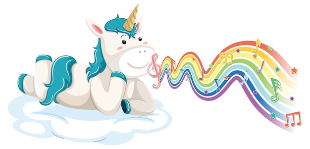 Unicorn laying on the cloud with melody symbols on rainbow wave