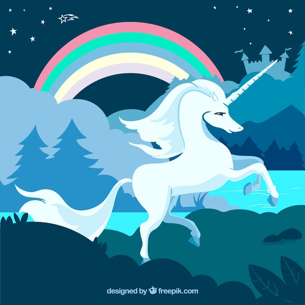 Unicorn and rainbow in the nature