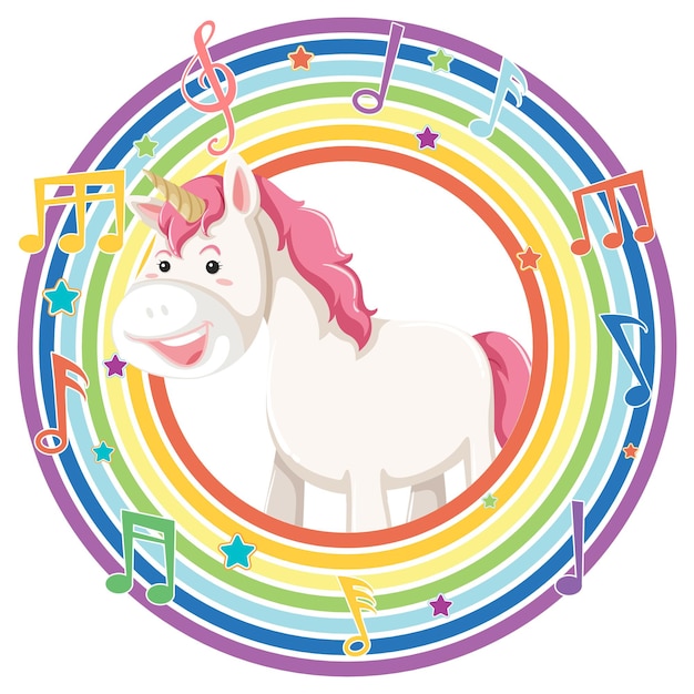 Unicorn in rainbow round frame with melody symbol