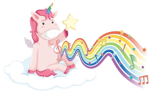 Unicorn sitting on the cloud with melody symbols on rainbow wave