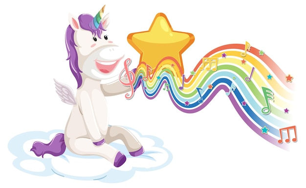 Unicorn sitting on the cloud with melody symbols on rainbow wave