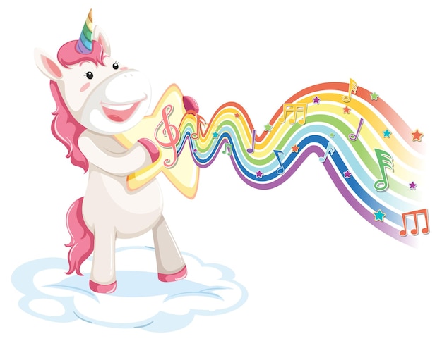 Unicorn standing on the cloud with melody symbols on rainbow wave