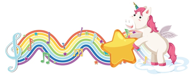 Unicorn standing on the cloud with melody symbols on rainbow wave