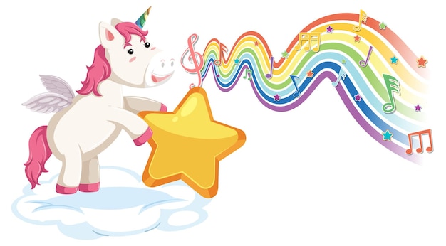 Unicorn standing on the cloud with melody symbols on rainbow wave