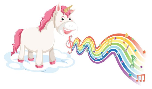 Unicorn standing on the cloud with melody symbols on rainbow wave