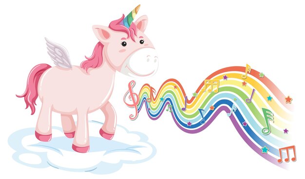 Unicorn standing on the cloud with melody symbols on rainbow wave