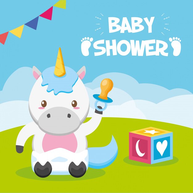 Unicorn with pacifier for baby shower card