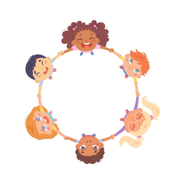 Free Vector union of of happy school friends dance in circle on white cartoon children play in ring boys and girls holding hands perspective view from top to bottom