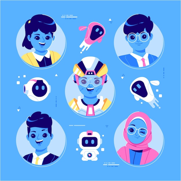 Free Vector unique blue character and robots avatar collection