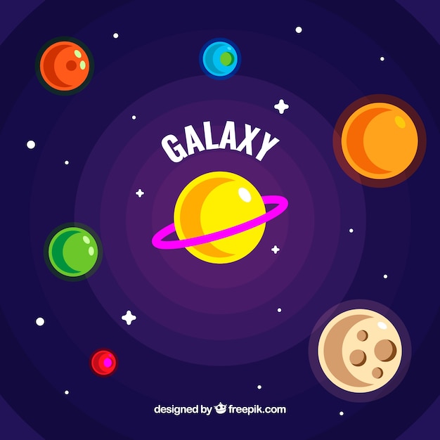 Universe background with colorful planets in flat design