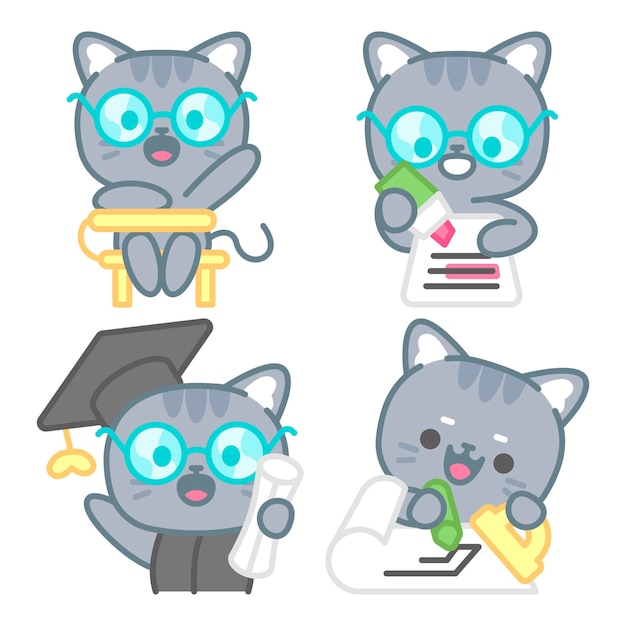 Free vector university stickers collection with tomomi the cat