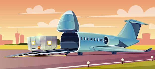 Free Vector unloading or loading heavy container on cargo airplane with upped nose in airport cartoon