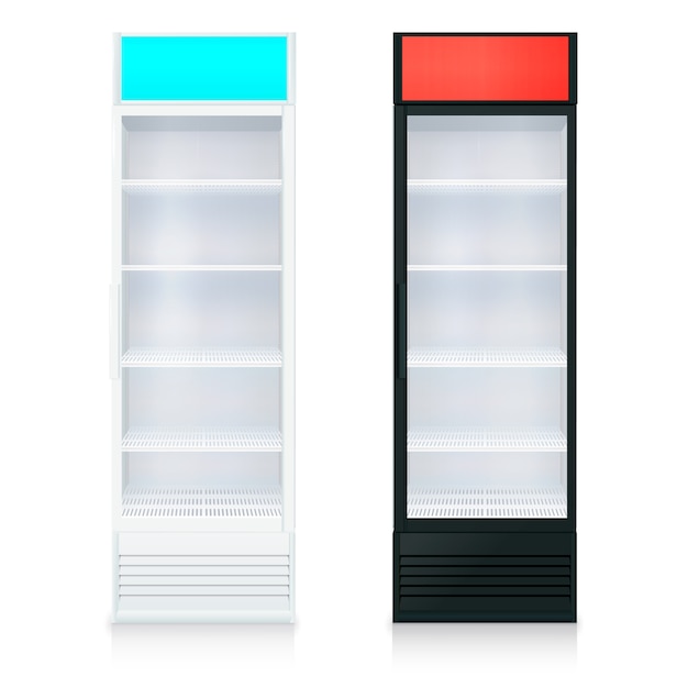 Upright empty fridges template with glass door and shelves 