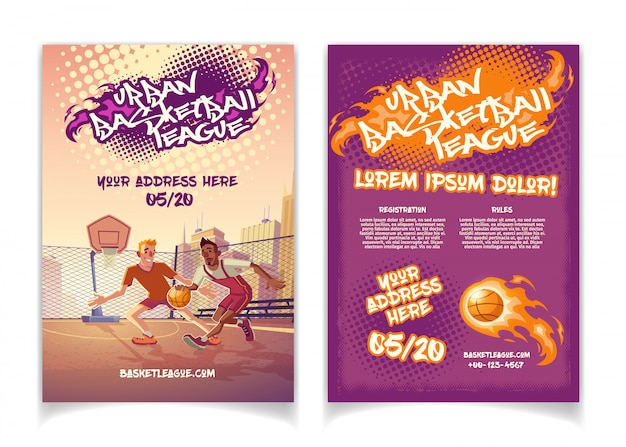 Free Vector urban basketball league tournament promo cartoon brochure with graffiti lettering text