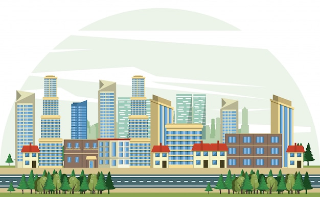 Free Vector urban buildings with cityscape scenery 