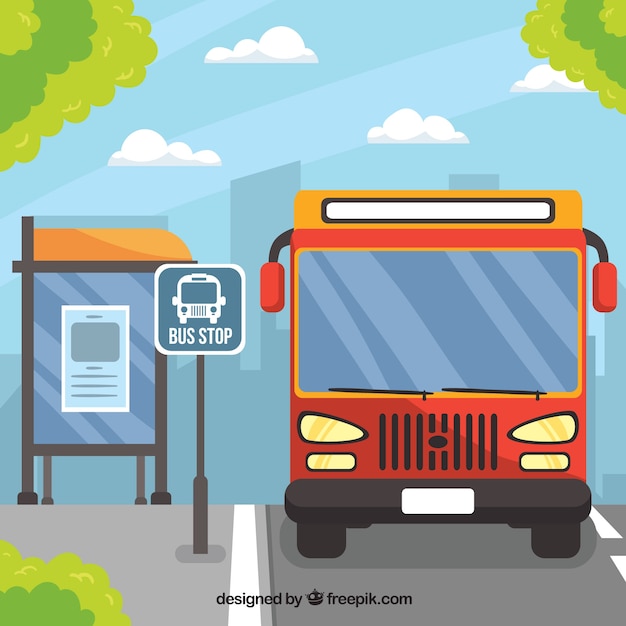 Urban bus and bus stop with flat design