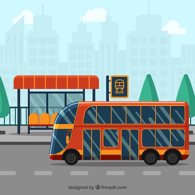 Free Vector urban bus and bus stop with flat design