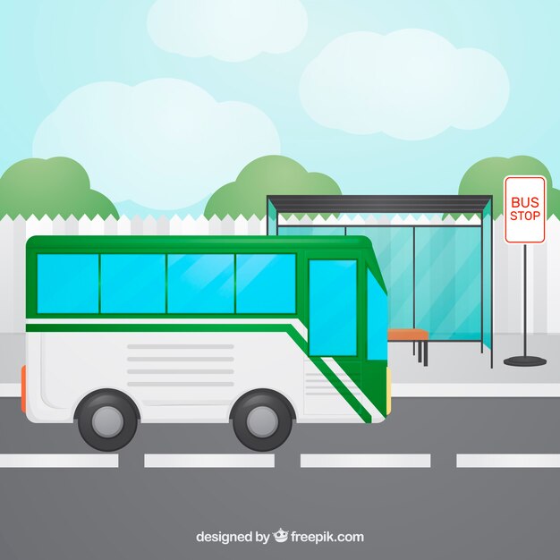 Urban bus and bus stop with flat design