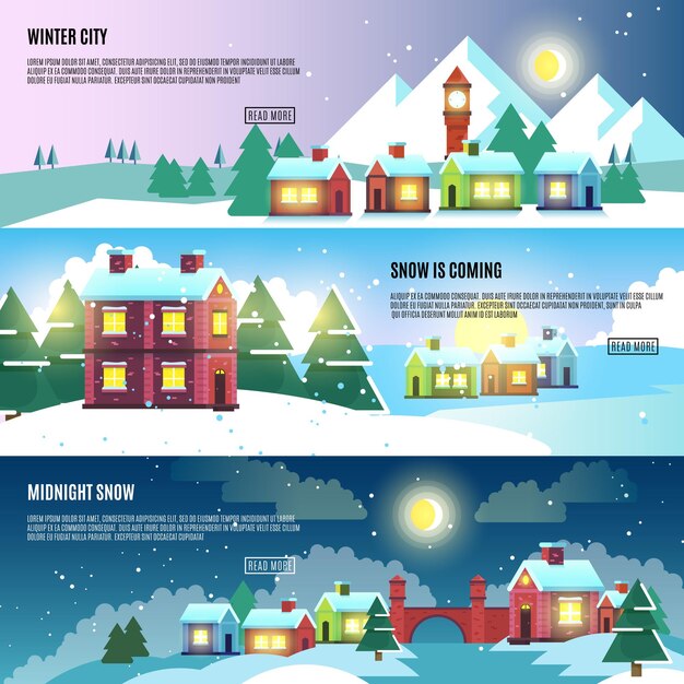 Urban, city, cityscape winter vector banners set. Architecture urban snow, banner snow cityscape, snow urban building, urban exterior snow illustration