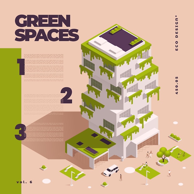 Free vector urban city green spaces eco design isometric flowchart with big descriptions and points vector illustration