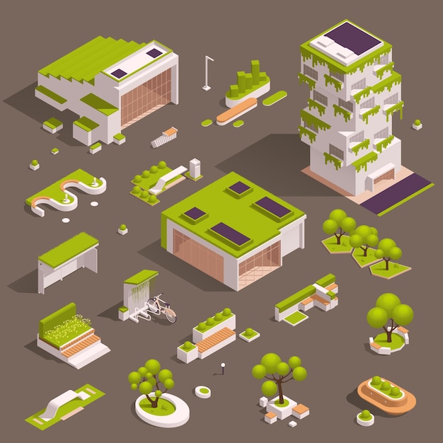 Free Vector urban city green spaces eco design isometric icon set with trees houses flowerbeds benches vector illustration