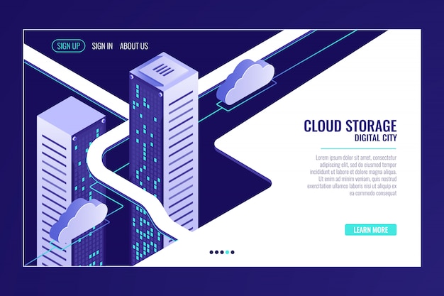 Free Vector urban data city, cloud storage concept, server room rack, data center, database