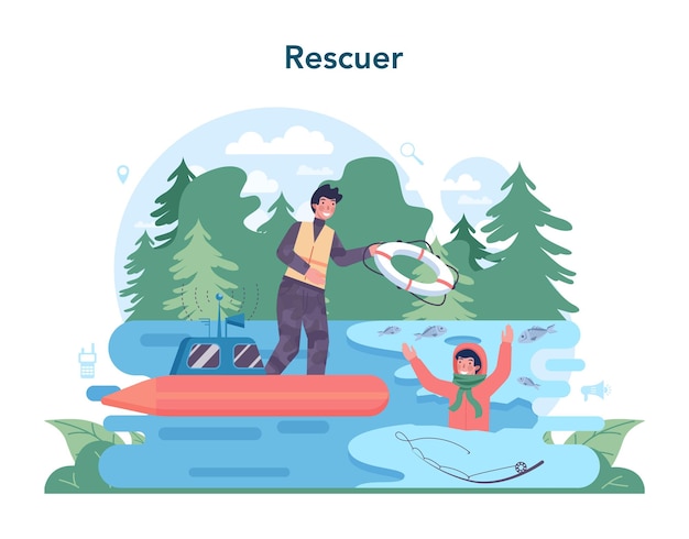 Urgency rescuer help Ambulance lifeguard in uniform assisting first aid to injured person Finding people operation Isolated flat vector illustration