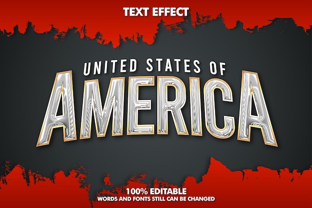 USA editable text effect Realistic chrome text effect with golden ouline and grunge