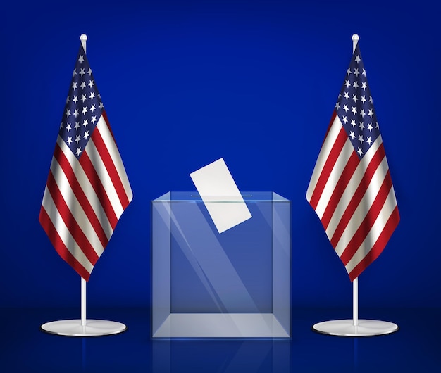 Free Vector usa elections realistic composition with images of transparent ballot box between american flags illustration