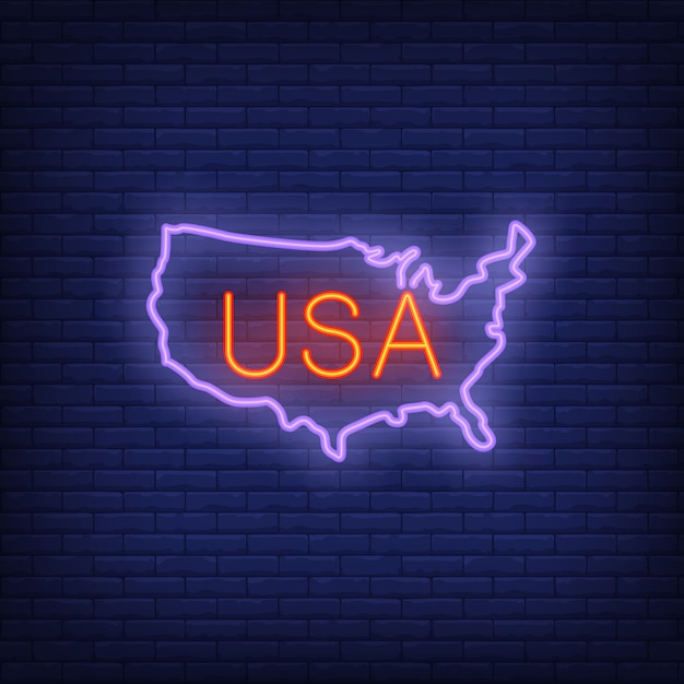 USA map on brick background. Neon style illustration. USA banner.