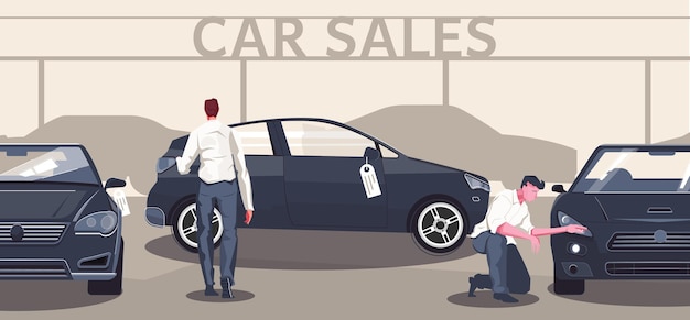 Used car market flat composition of editable text automobile silhouettes and different models with buyer characters illustration