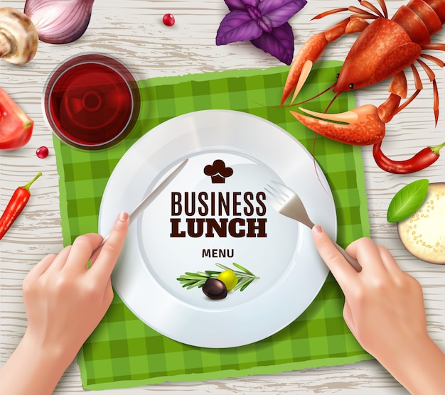 Free Vector using cutlery properly top view plate lobster saus and hands holding fork and knife realistic 