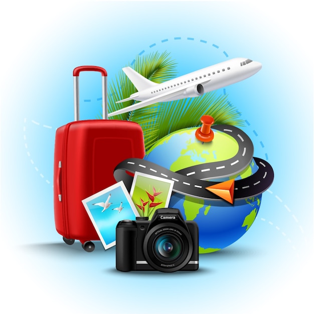 Vacation and holidays background with realistic globe suitcase and photo camera 