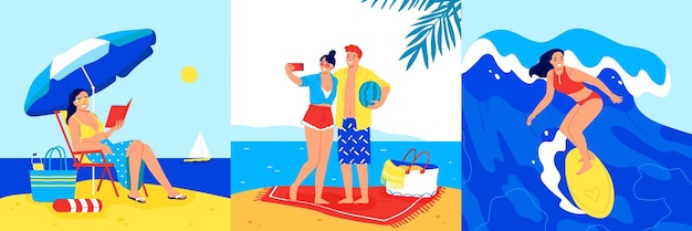 Free Vector vacation on sandy beach flat set with people reading on lounge taking selfie and surfing on holidays isolated vector illustration