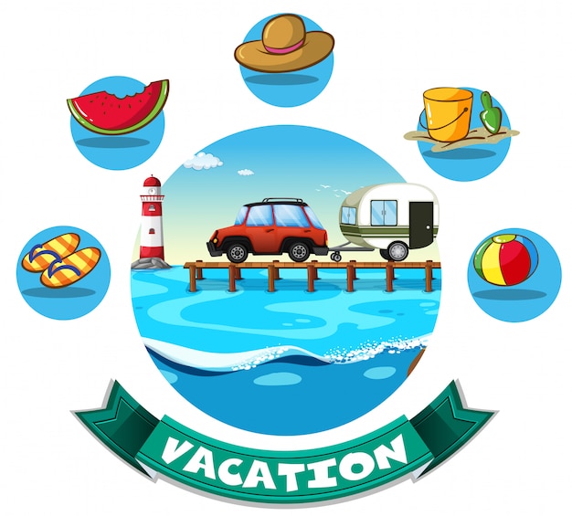 Vacation theme with wagon and beach objects