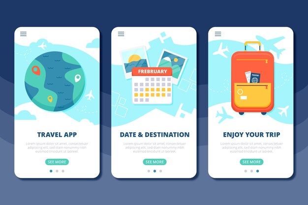 Vacation travel onboarding app screens