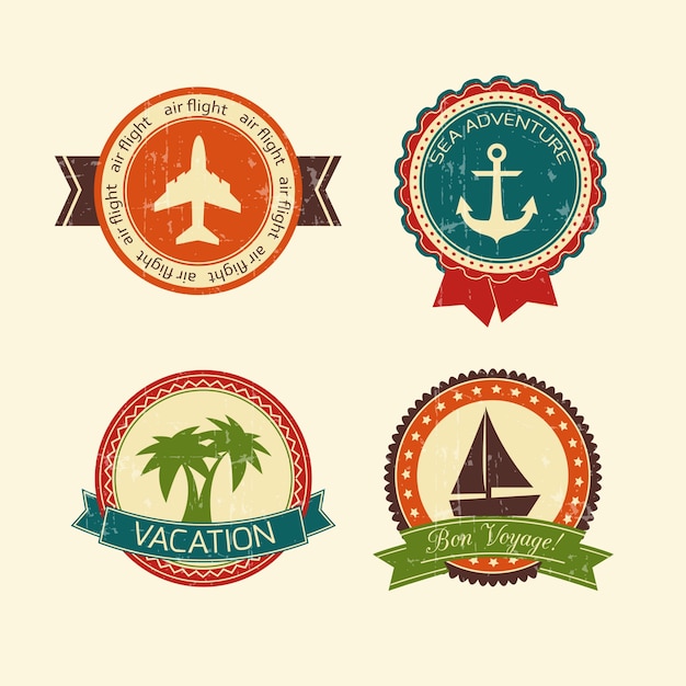 Free Vector vacations travel badges collection of yacht boat plane palm tree and anchor isolated vector illustration